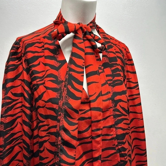 Rixo Moss Blouse Long Sleeve Shirt V-Neck Animal Print Tie Bow Silk Red Medium - Picture 3 of 11